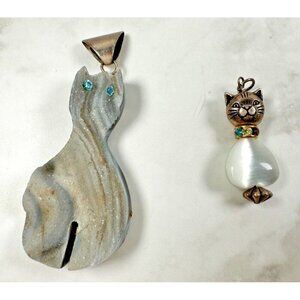 Two Cat Pendants - One with a White Tiger Eye Body and One Quartz Body - 1" & 2"